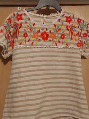 Savanna Jane Cream Striped Peasant Top with Red & Yellow Embroidery